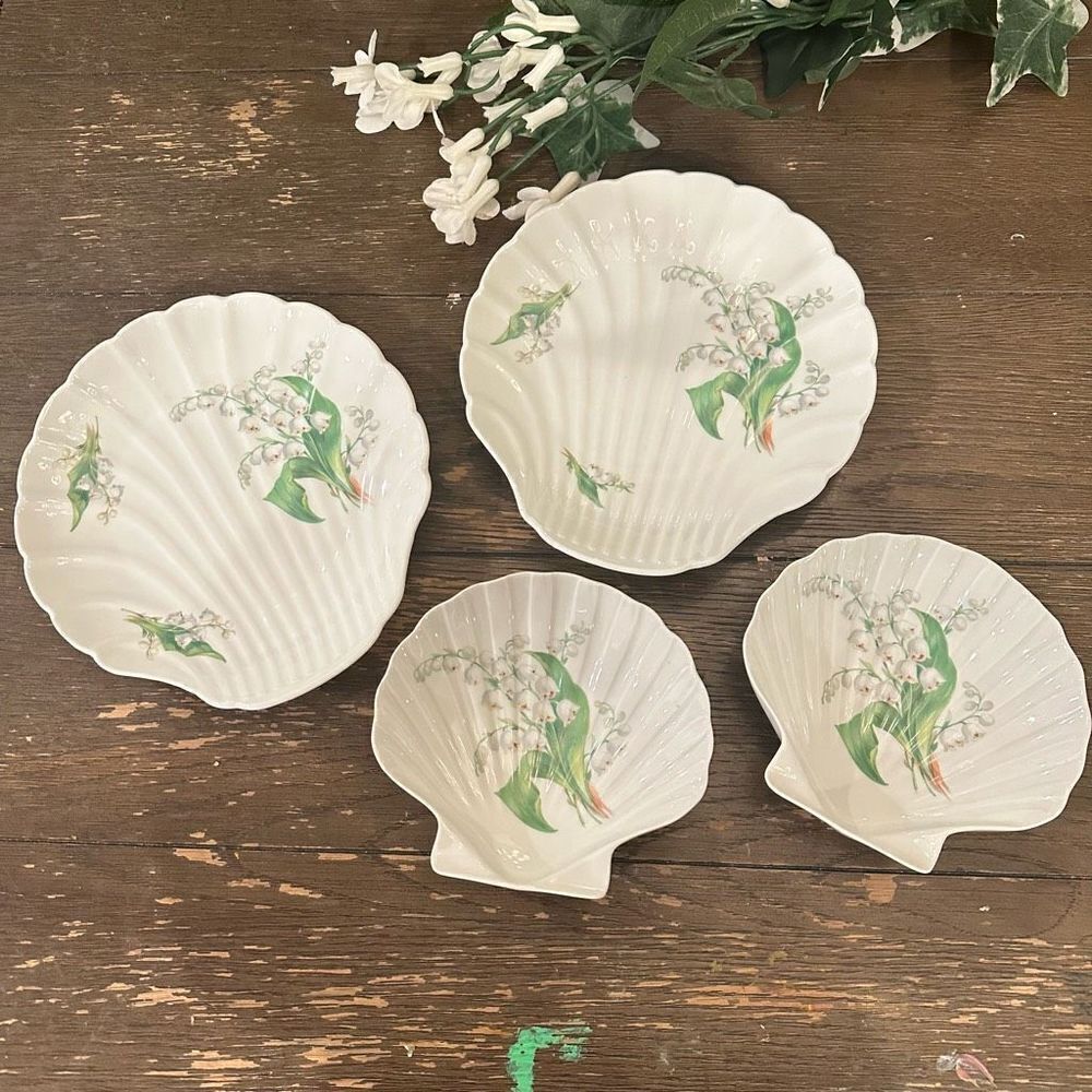 Limoges France Vintage Porcelain Lily Of The Valley Shell Dishes Big & Small 4pc
